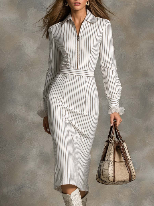 Retro Zip-up Collar Lace Cuffs Striped Midi Dress