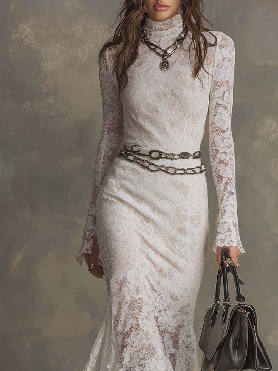 Retro High Neck Flare Hem Lace Midi Dress