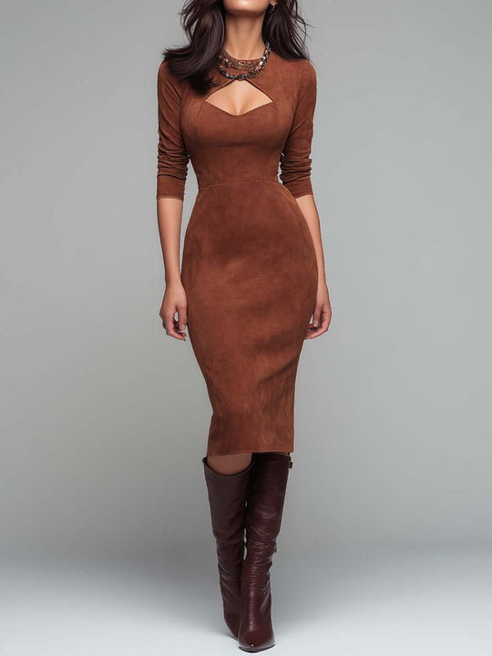 Eco-Suede Keyhole Midi Dress – Warm Chestnut