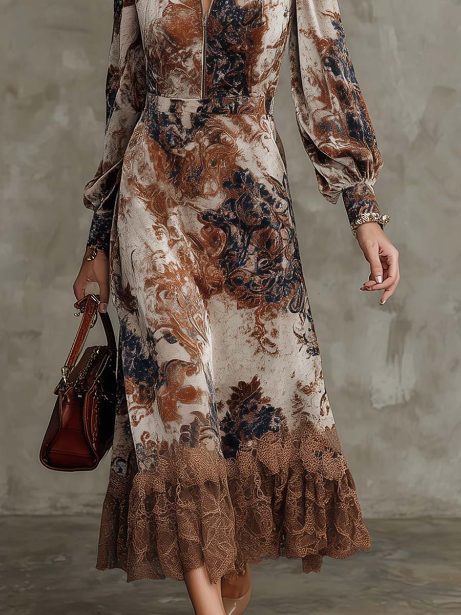 Retro Zip-up Collar Baroque Polyester Velvet Midi Dress