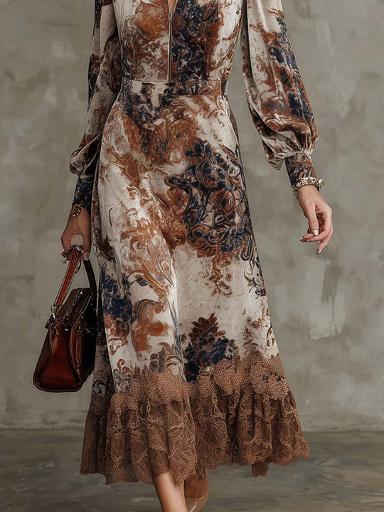 Retro Zip-up Collar Baroque Polyester Velvet Midi Dress