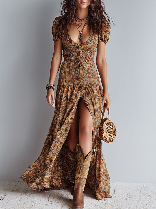 Boho Hem Slit Floral Maxi Dress