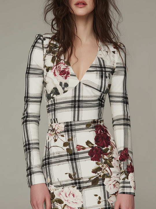 Elegant Checkered Rose Print Slim-fit Mini Dress
