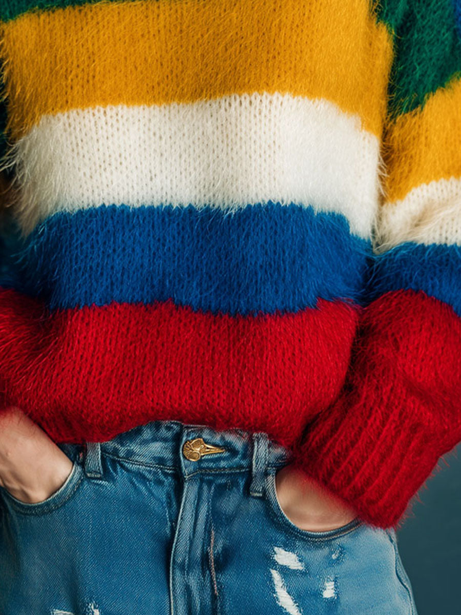 Retro Rainbow Colorblock Fuzzy Knit Sweater
