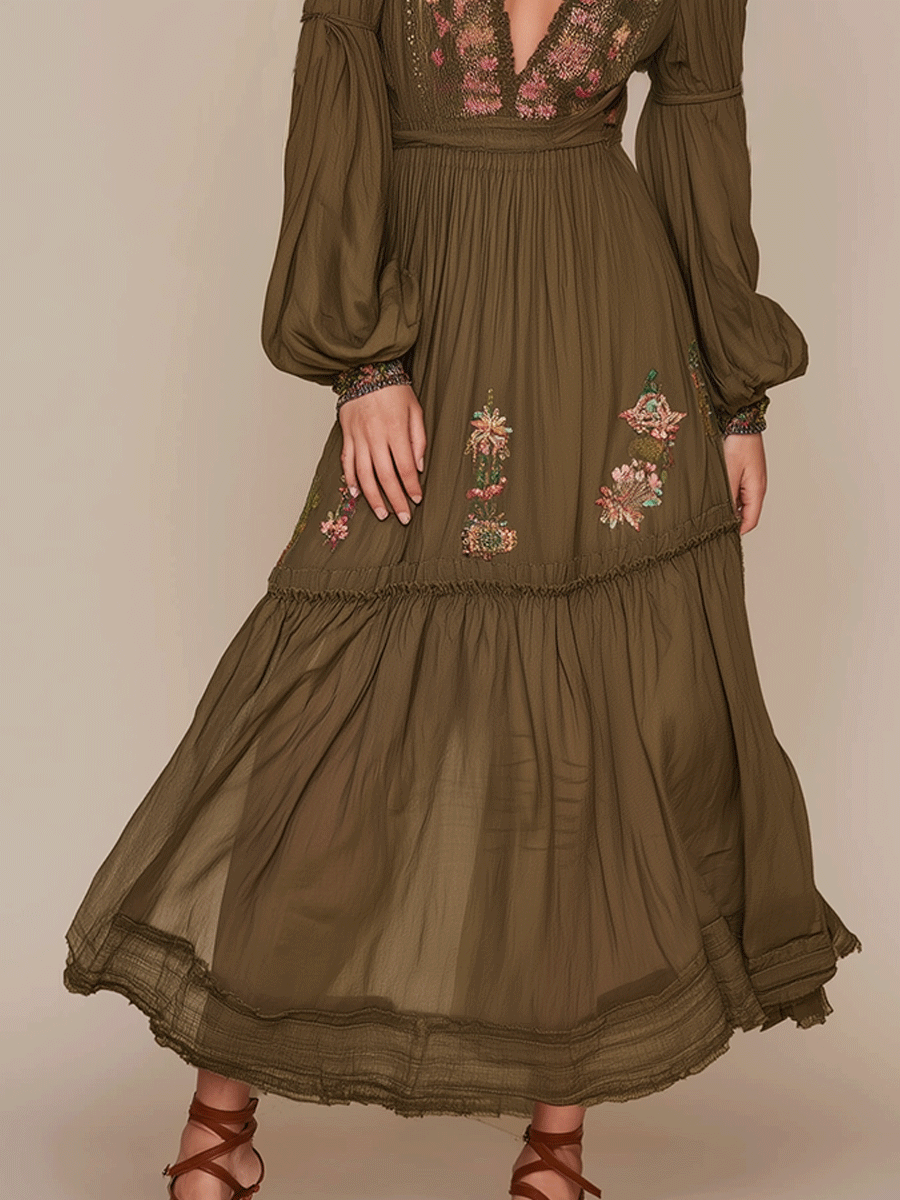 Elegance Floral Romance Olive Boho Maxi Dress