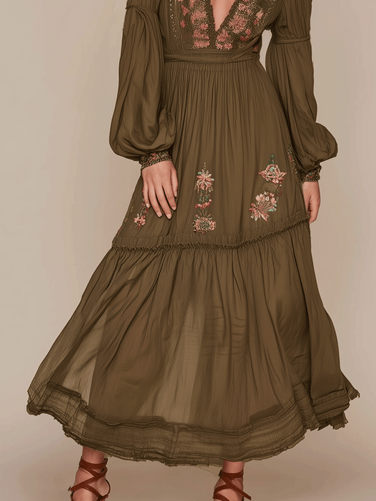 Elegance Floral Romance Olive Boho Maxi Dress