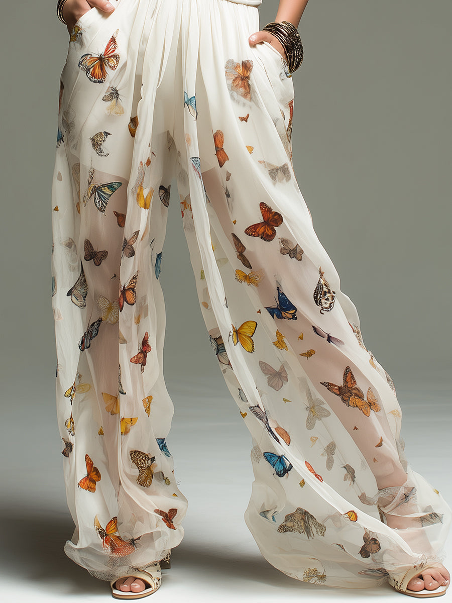 Bohemian Butterfly Print Chiffon Wide-leg Pants