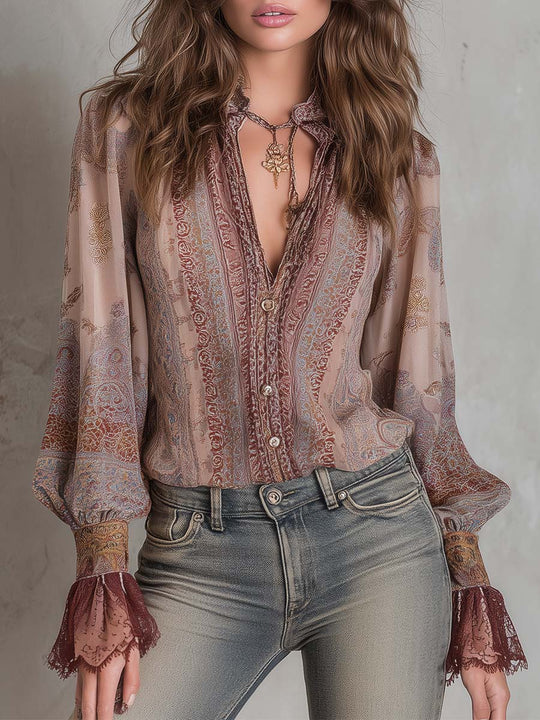 Boho Paisley Sheer Blouse With Lace Cuffs