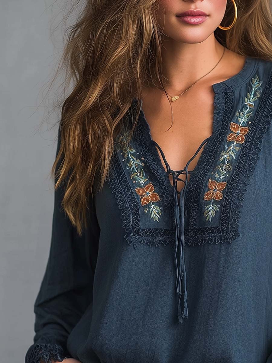 Vintage Embroidered Lace Trim Blouse