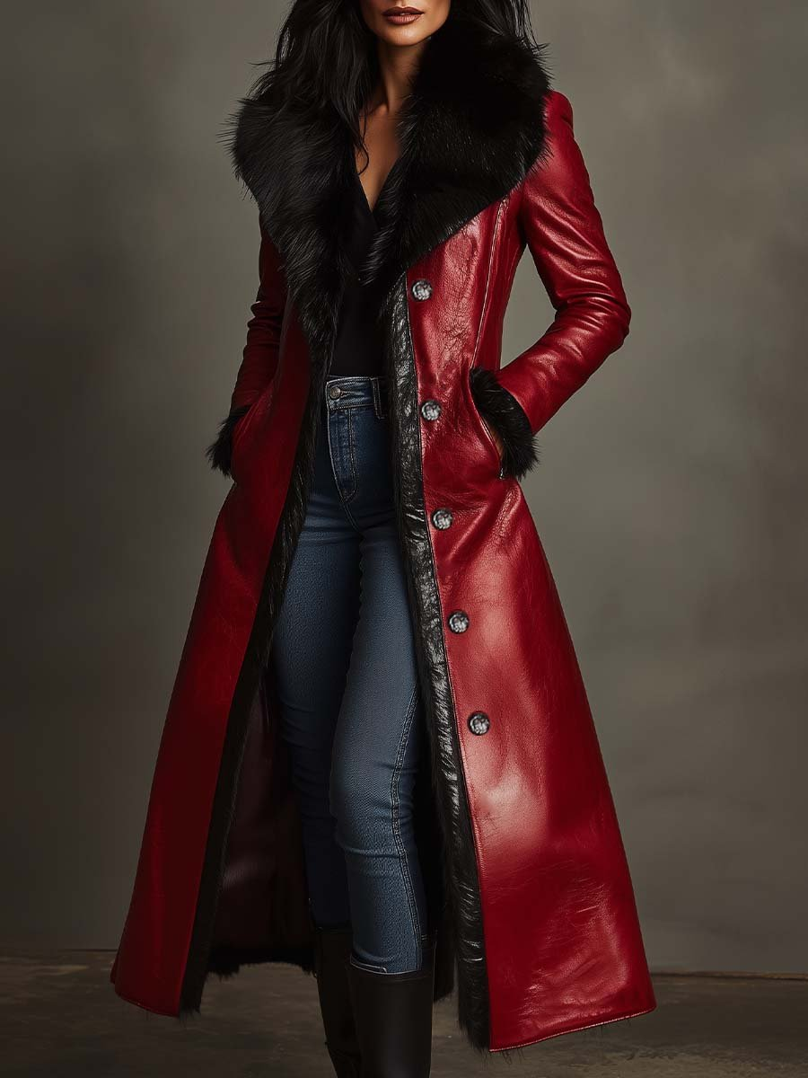 (clearance)Women's Retro Fur Collar Contrasting Colors Leather Long Coat