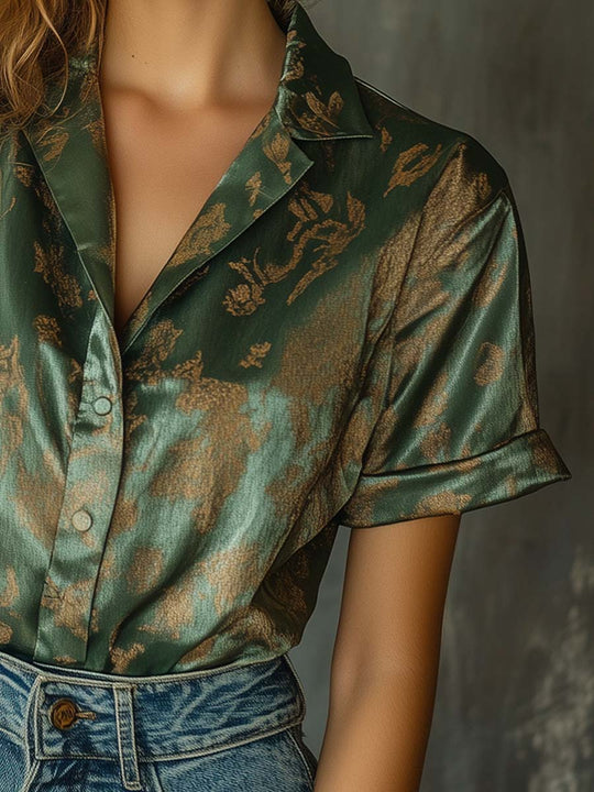 Satin Botanical Print Shirt in Emerald