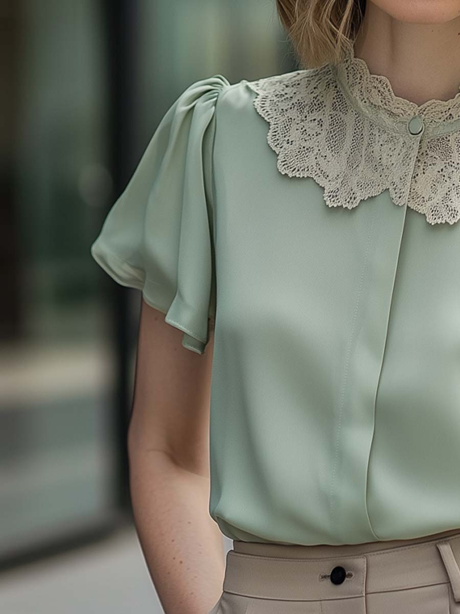 Elegant Mint Green Lace Collar Blouse with Flutter Sleeves