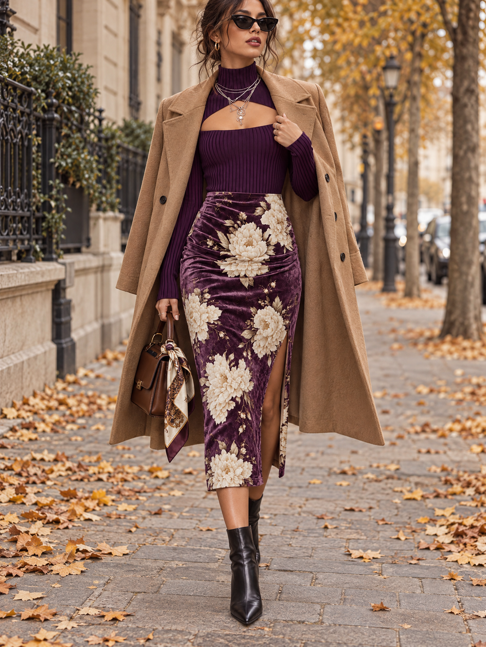 Vintage Keyhole Neckline Ribbed Top & Velvet Floral Print Ruched Midi Skirt Set