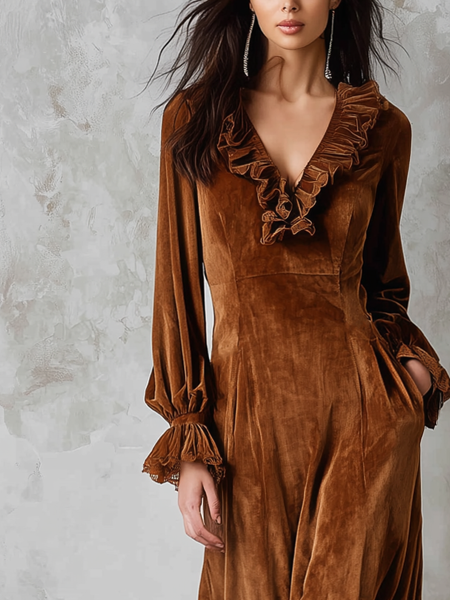 Retro Ruffle Neck Lace Trim Eco-friendly Velvet Midi Dress