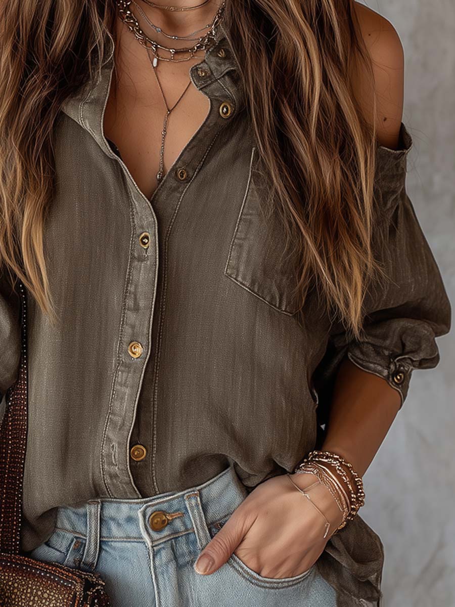 Retro Cold-shoulder Denim Blouse
