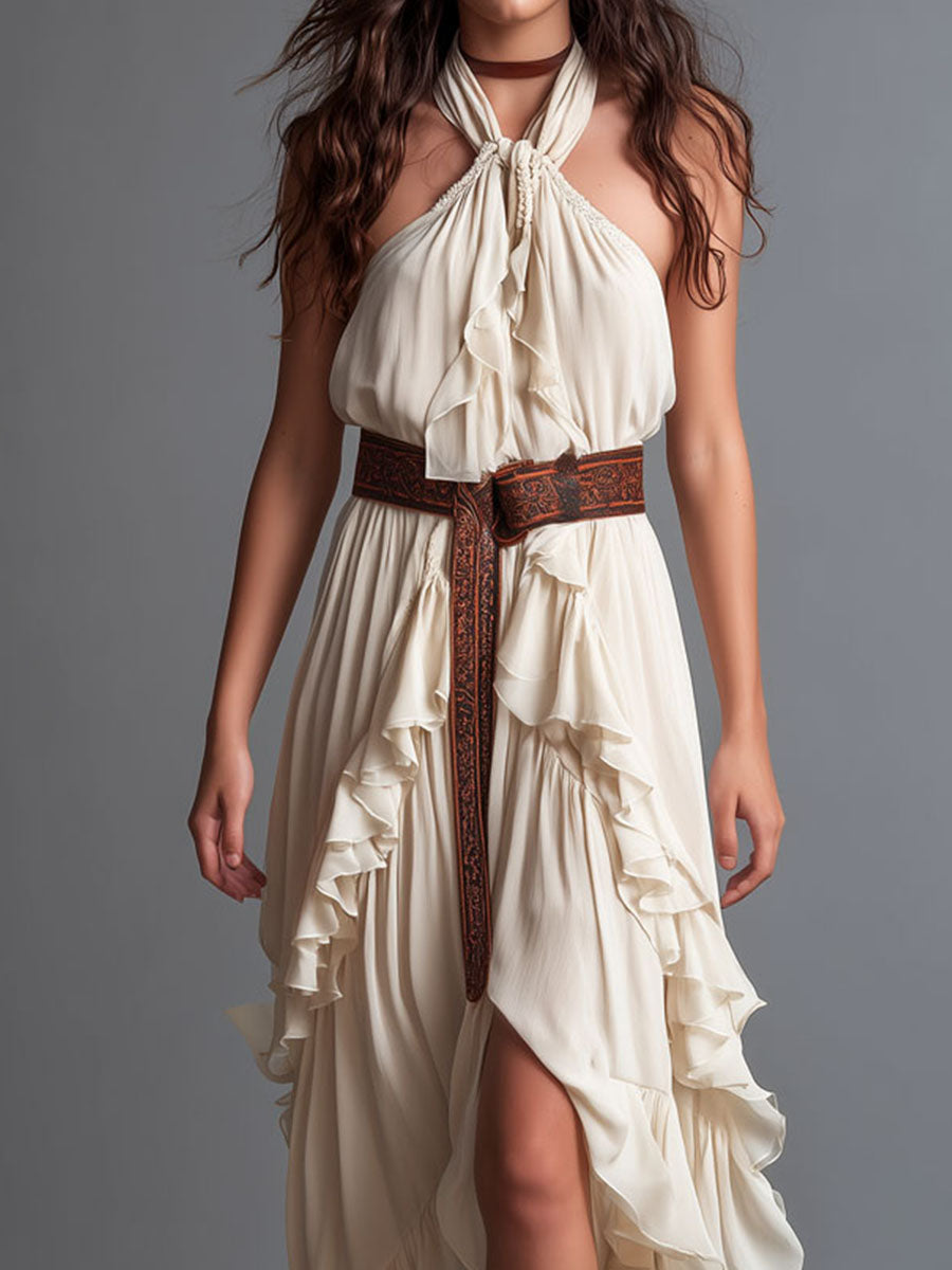 Ivory Flowy Chiffon Halter Maxi Dress With Multi Layered Ruffles Hem