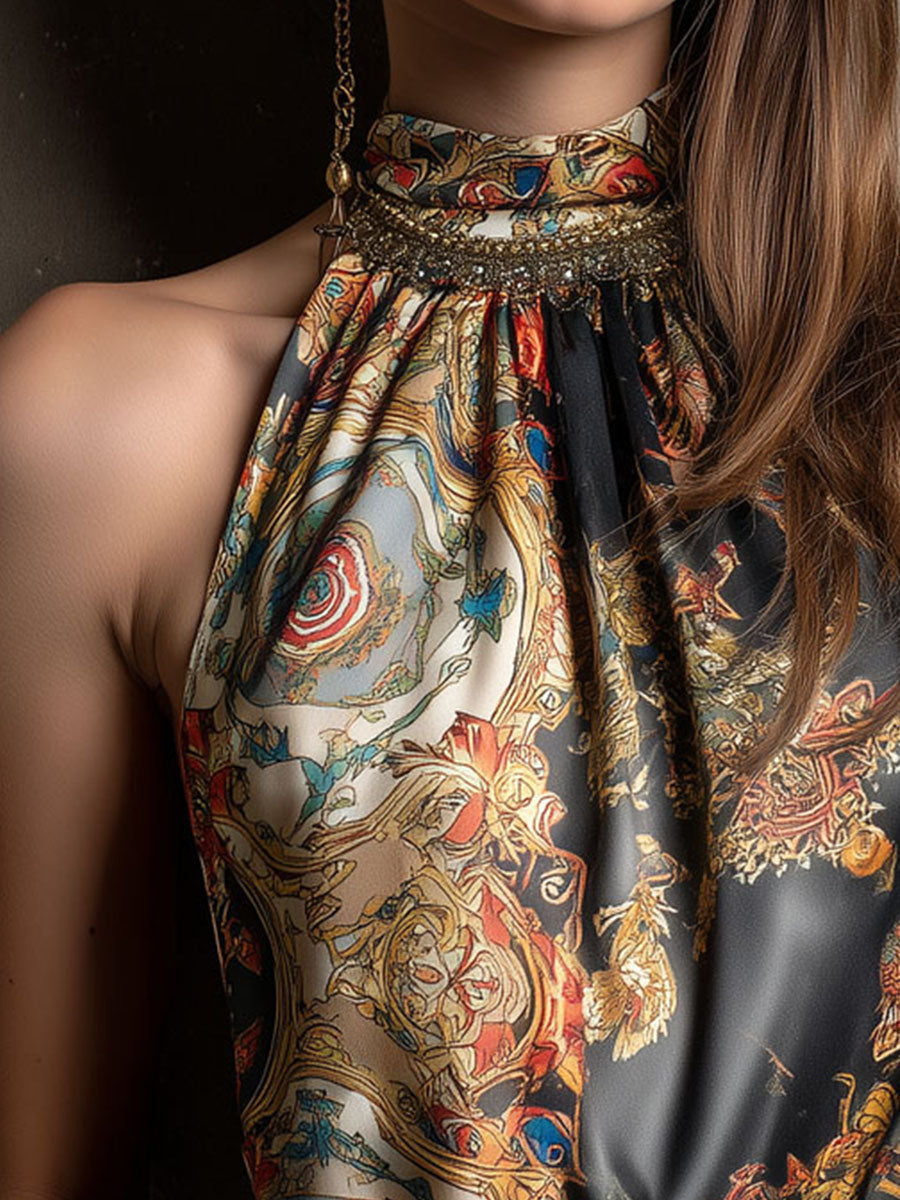 Boho High-Neck Baroque Print Satin Halter Scarf Top