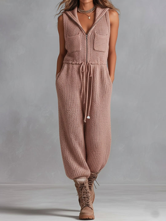 Utility Blush Knit Sleeveless Jumpsuit  With Drawstring Waist & Pockets