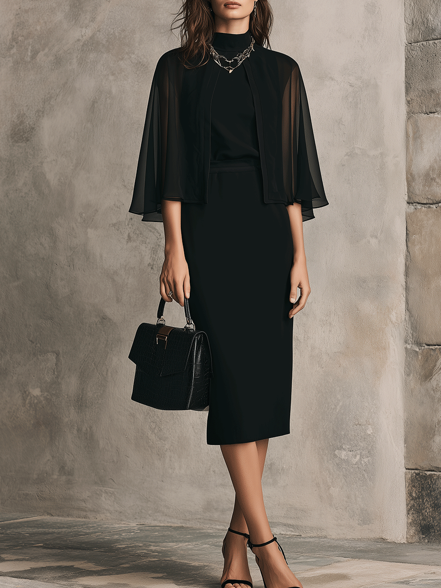 Elegant Black Cape Sleeve Midi Dress