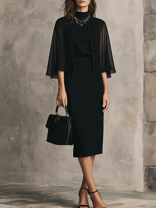 Elegant Black Cape Sleeve Midi Dress