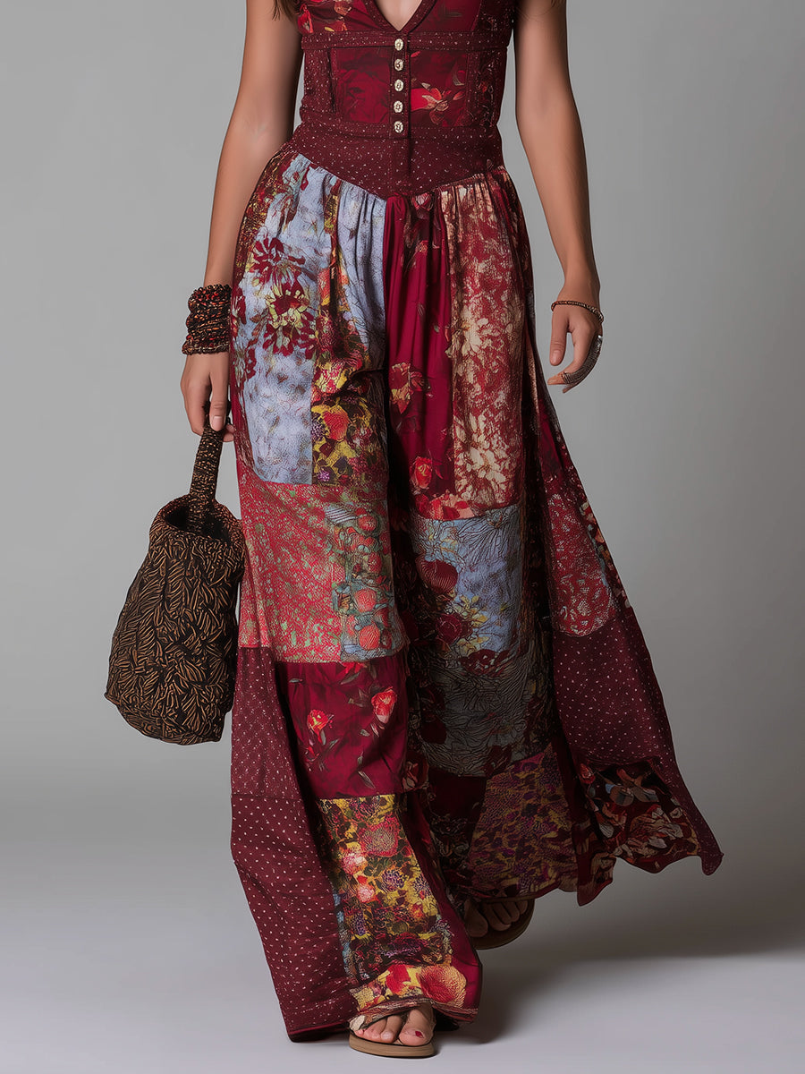 Boho Ethnic Print V-neck Button Decoration Maxi Dress