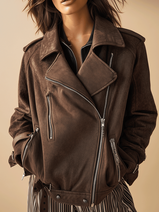 Retro-Style, Loose-Fitting, Soft Brown Suede Jacket