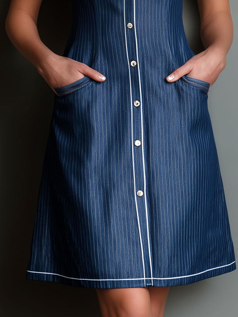 Retro Classic Navy Pinstripe Tencel A-Line Shirt Dress