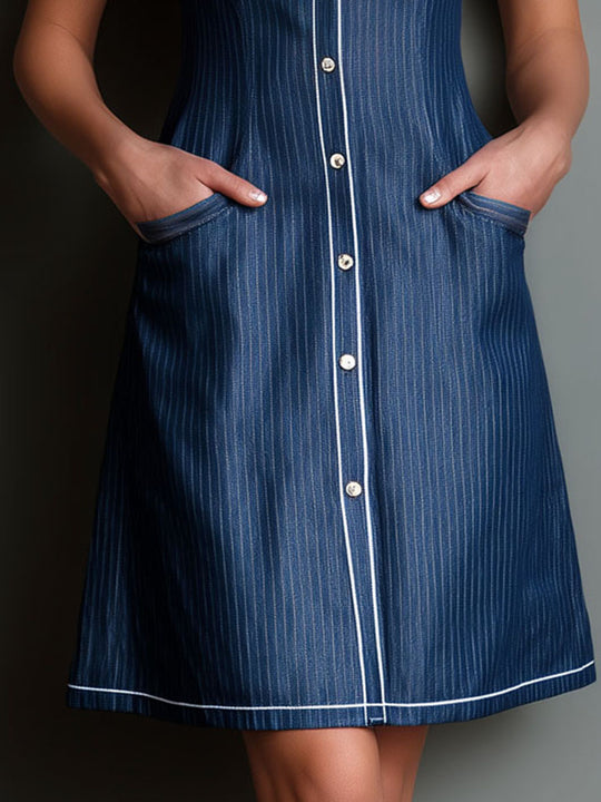 Retro Classic Navy Pinstripe Tencel A-Line Shirt Dress