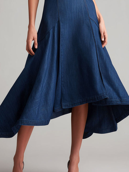 Vintage Denim Sleeveless High-Low Midi Dress