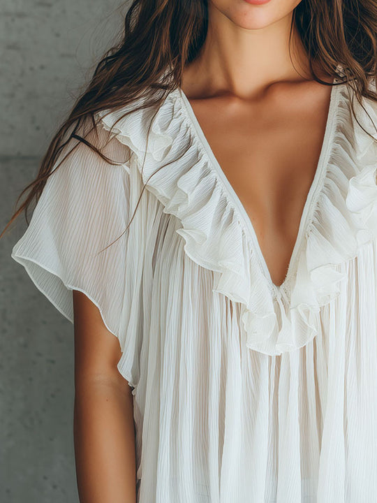 Boho White Ruffled Pleated Chiffon Blouse