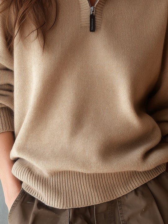 Casual Beige High-Collar Half-Zip Knit Sweater