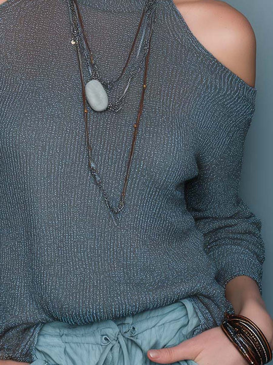 Steel Blue Micro-Shimmer Ribbed Knit Top