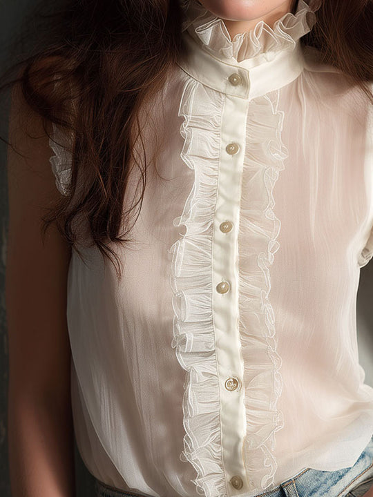 Retro Romantic Sheer Ruffled High-Neck Sleeveless Blouse