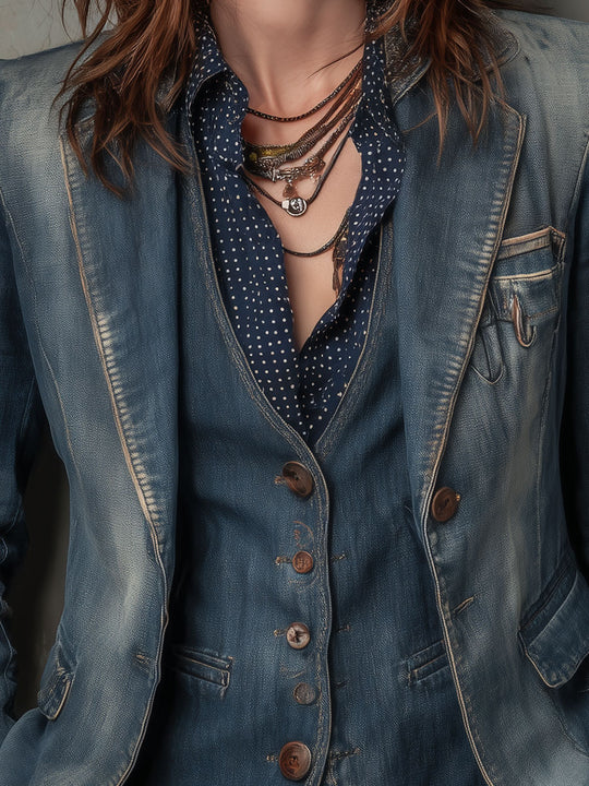 Retro Distressed Denim Vest & Flap Pocket Blazer Set