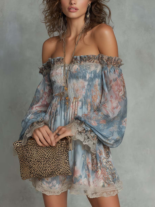 Off-Shoulder Smocked Chiffon Mini Dress