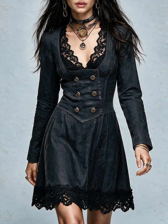 Boho Gothic Coated Black Denim Lace Trim Mini Dress With Gold Buttons