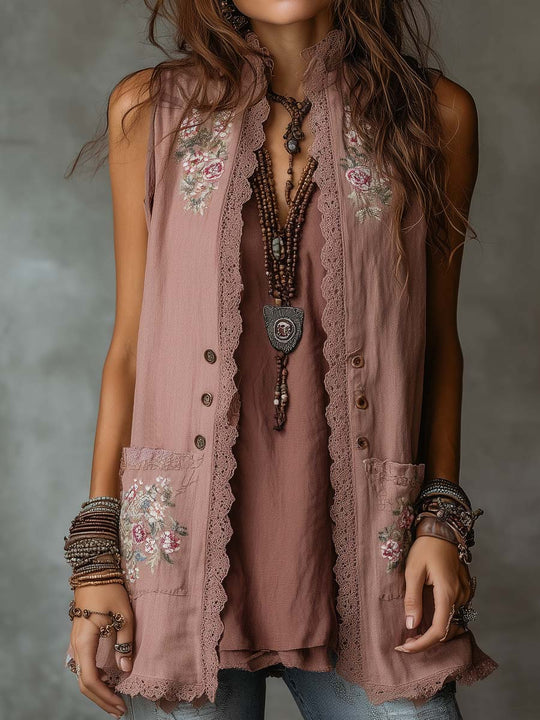 Retro Embroidered Cotton Linen Mid-Length Vest