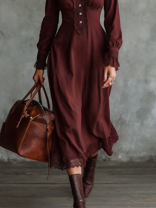 Bohemian Cotton Blend Lace Patchwork Waist Midi Dress