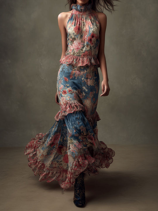 Romantic Floral Halter Sheer Ruffled Gown Maxi Dress