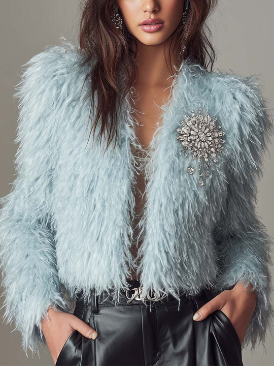 Ice Blue Feather-Texture Faux Fur Jacket