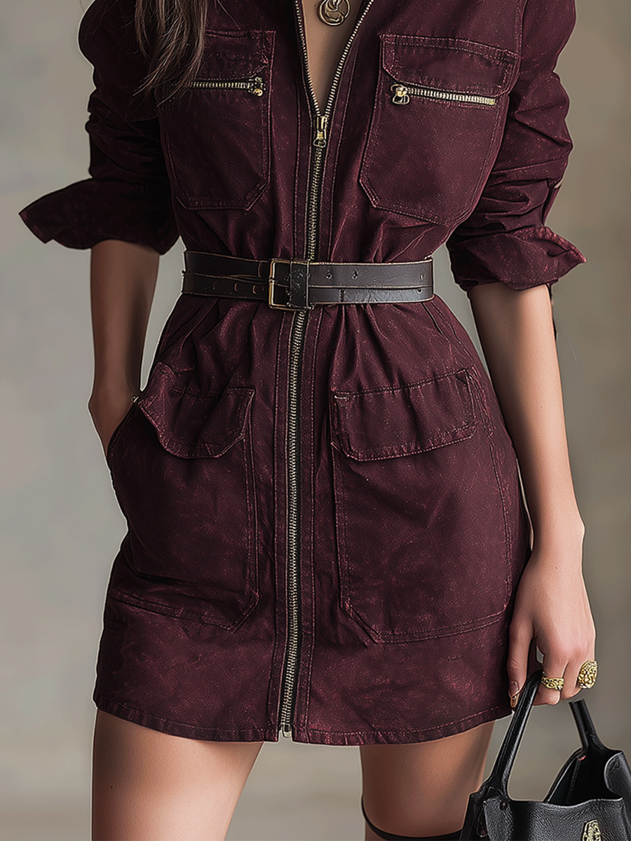 Vintage Burgundy Zip-Front Utility Mini Dress