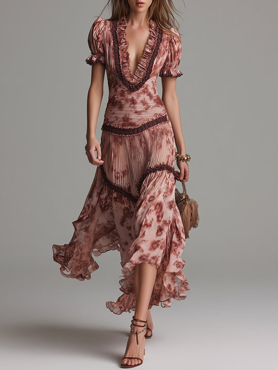 Elegant Pleated Smoked Rose Print Maxi Dress