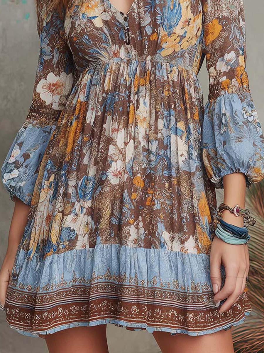 Boho Floral Chiffon Mini Dress With Balloon Sleeves
