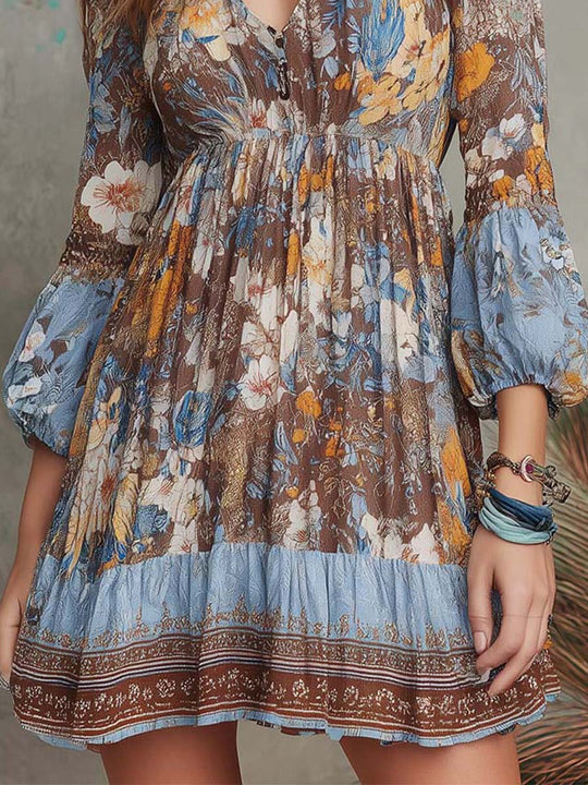 Boho Floral Chiffon Mini Dress With Balloon Sleeves