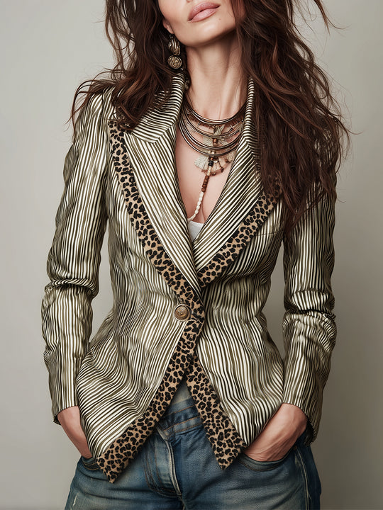 Retro Striped And Leopard Print Lapel Slim-fit Blazer