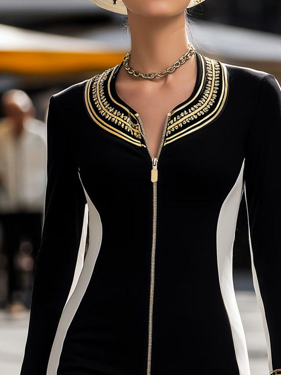 Classic Black & White Gold Embroidery Bodycon Zip Dress