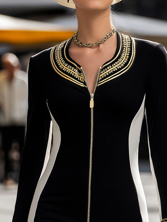 Classic Black & White Gold Embroidery Bodycon Zip Dress
