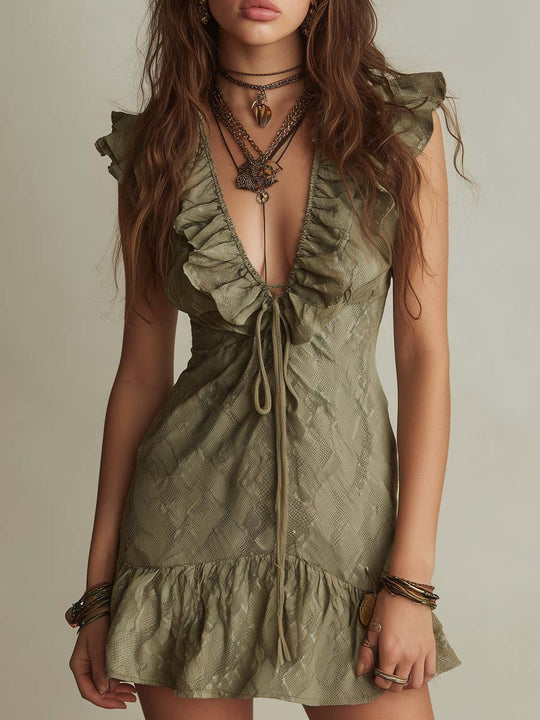 Ruffled Tie-Front Textured Snake-Print Mini Dress