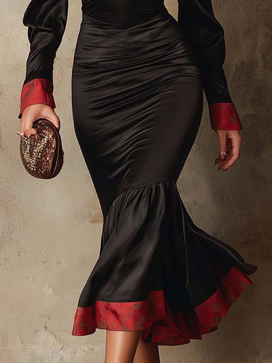Draped Cowl V-Neck Long-Sleeve Midi Dress