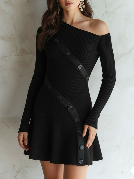 Asymmetric Off-Shoulder Black Ribbed Knit Mini Dress